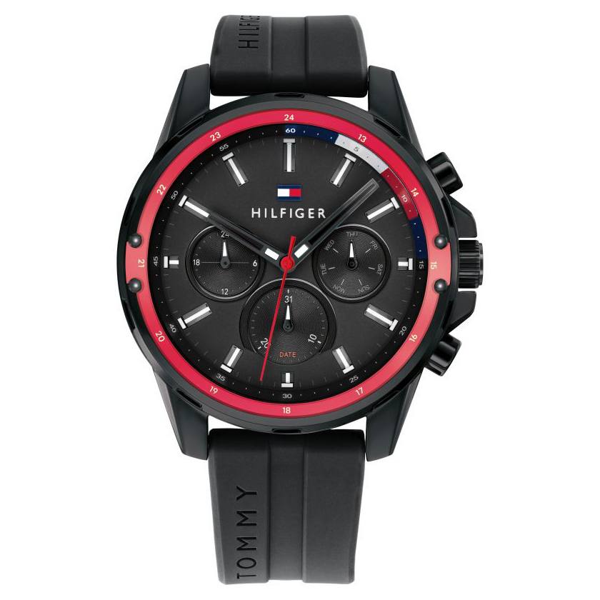 Montre Homme Tommy Hilfiger Multifonction – Bracelet Silicone (Rouge ou Noir)