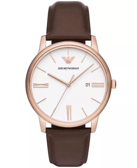 Montre Emporio Armani Homme Cadran Blanc – Boîtier Rose Gold Bracelet Cuir Marron