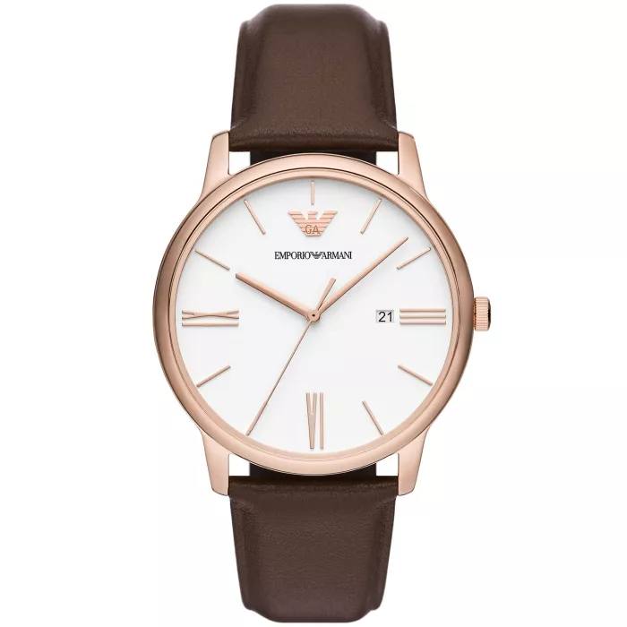 Montre Emporio Armani Homme Cadran Blanc – Boîtier Rose Gold Bracelet Cuir Marron