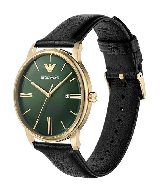 Montre Emporio Armani Homme Cadran Vert – Boîtier Doré Bracelet Cuir Noir – Réf. AR11601