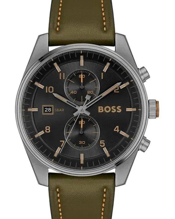 Montre Hugo Boss Chronographe Homme – Cadran Noir Bracelet Cuir Kaki – Réf. HB1513989