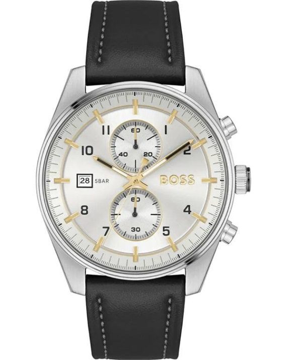 Montre Hugo Boss Chronographe Homme – Cadran Blanc Bracelet Cuir Noir